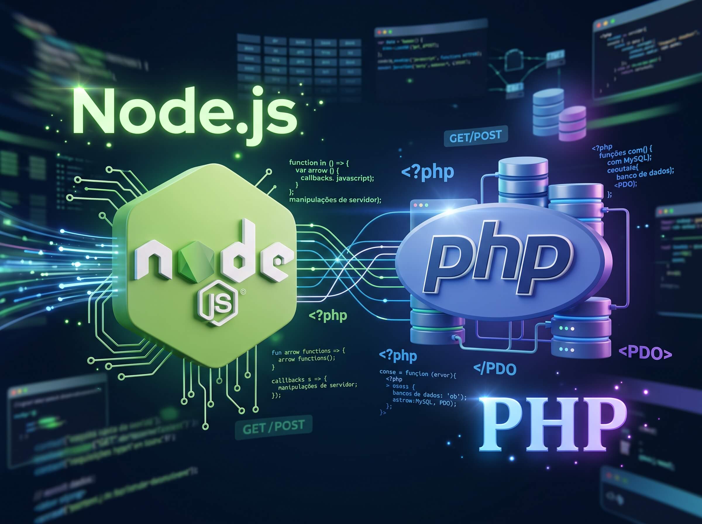 Logos do Node.js e do PHP conectados por linhas de código, com bancos de dados ao fundo
