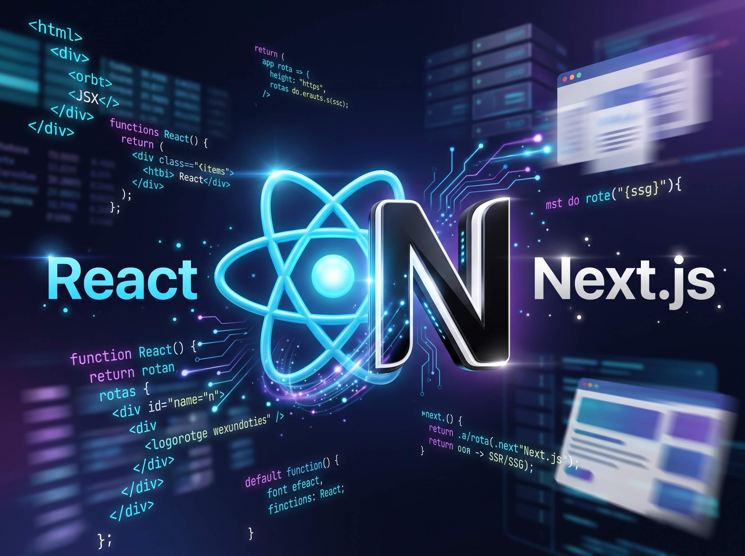 Logos do React e do Next.js com trechos de código e janelas de navegador